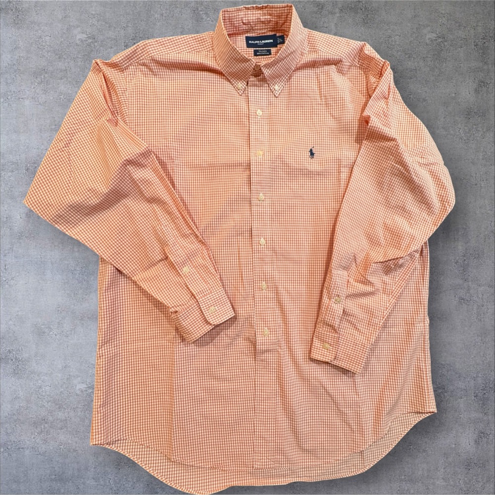 Ralph Lauren Golf Button Down Shirt Large Orange Gingham Tilden Cotton EUC